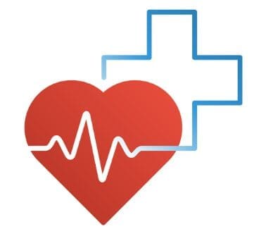 A heart with an ecg line next to it and a cross.